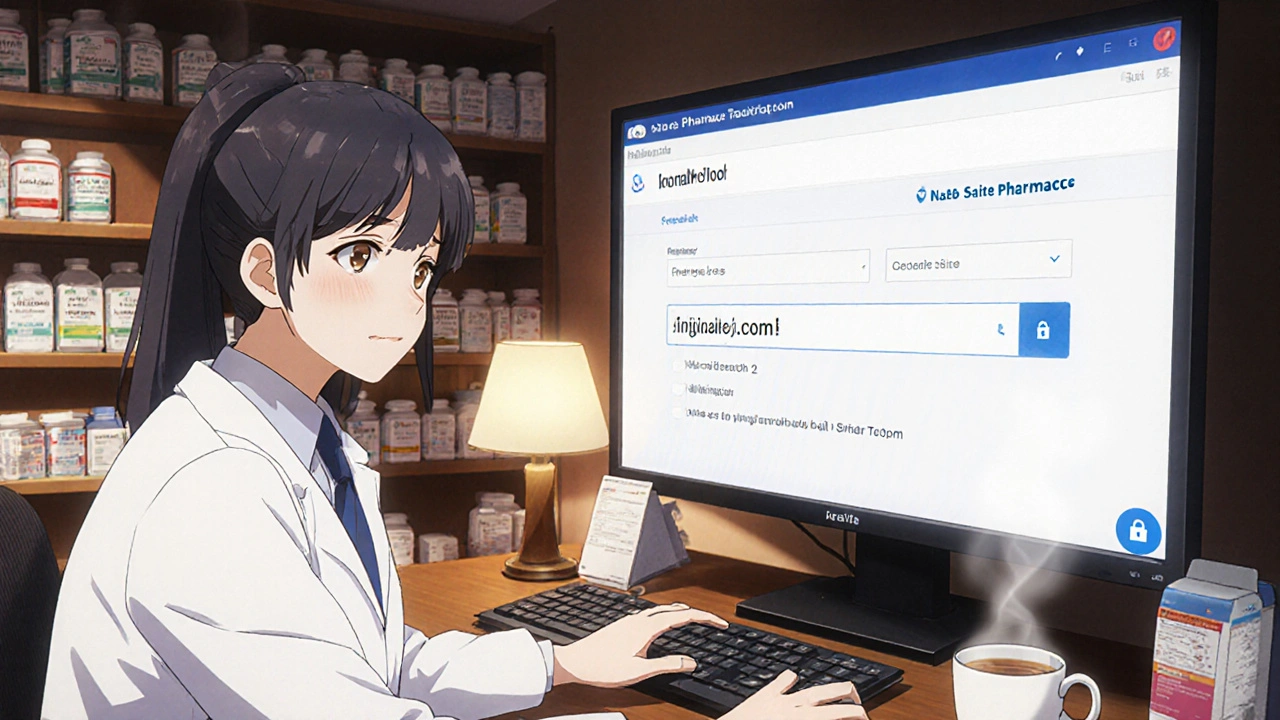 A pharmacist answering a patient&#039;s question via video call in a well-lit pharmacy with verified NABP details on screen.