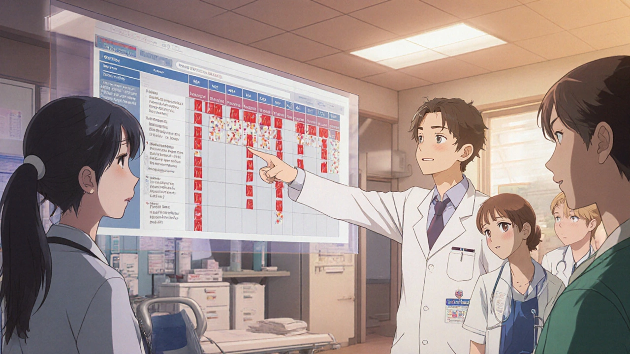 A pharmacist explains drug interactions to medical staff using a large transparent screen in a hospital ward.