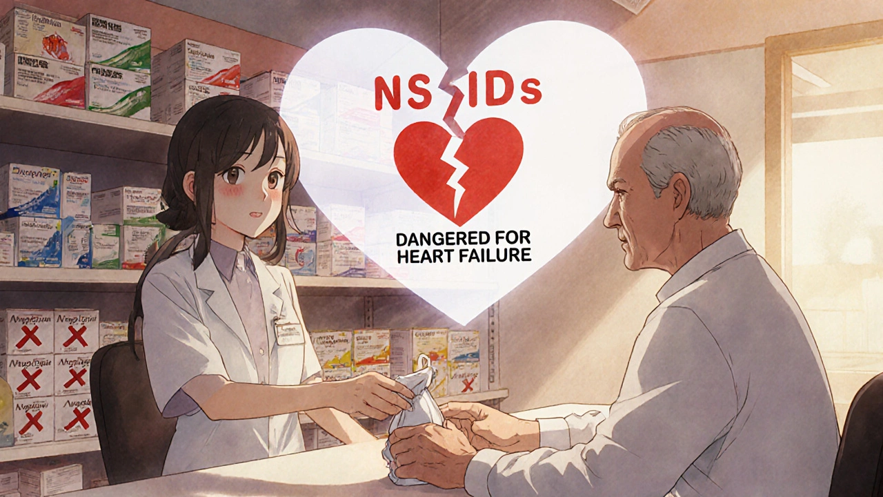 A pharmacist handing medicine to an elderly man, with a giant translucent broken heart warning hovering behind them.