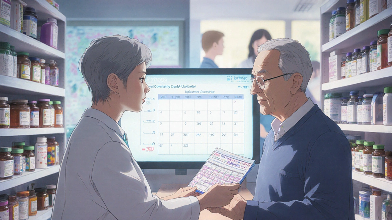 A pharmacist helping an elderly man understand his monthly medication pickup schedule.