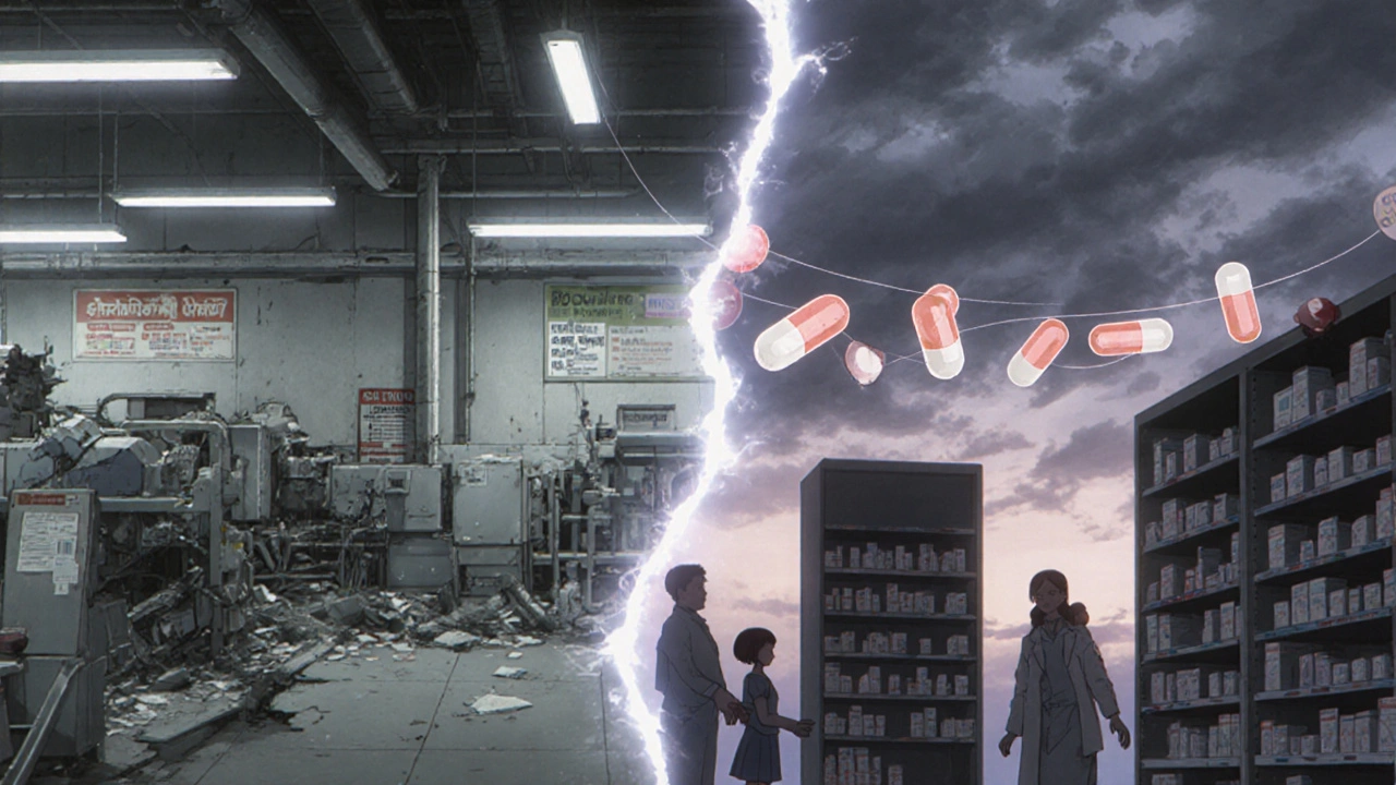 A split scene shows a broken drug factory on one side and empty U.S. pharmacy shelves on the other, connected by snapping medication threads.