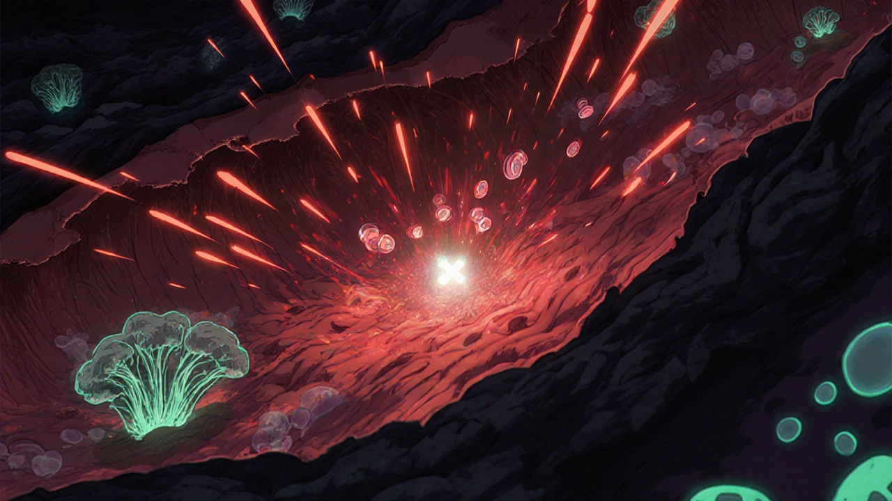 A surreal gut battlefield where a fragment neutralizes only harmful TNF signals, allowing healthy tissue to regrow in soft light.