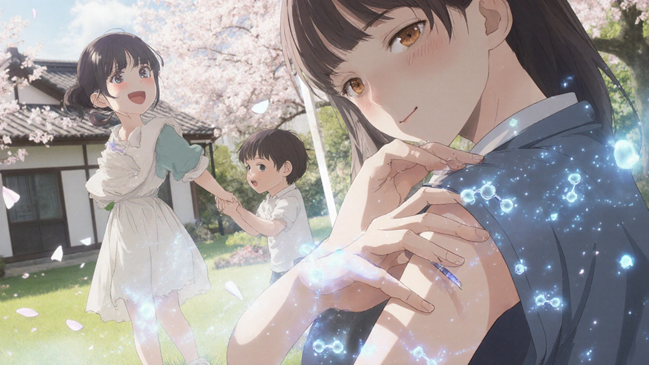 A woman injecting herself as TNF molecules dissolve around her, with a joyful memory of playing with her child in the background.