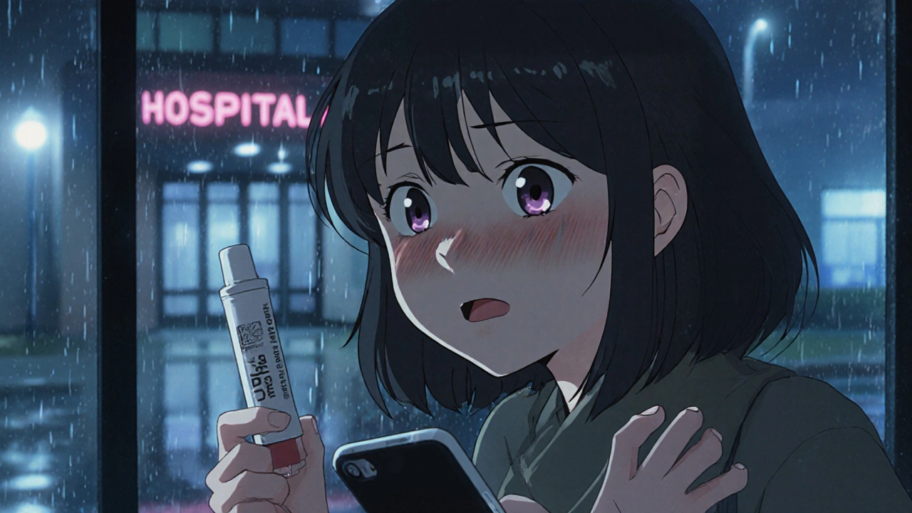 A woman panics while clutching an expired EpiPen during an allergic reaction.