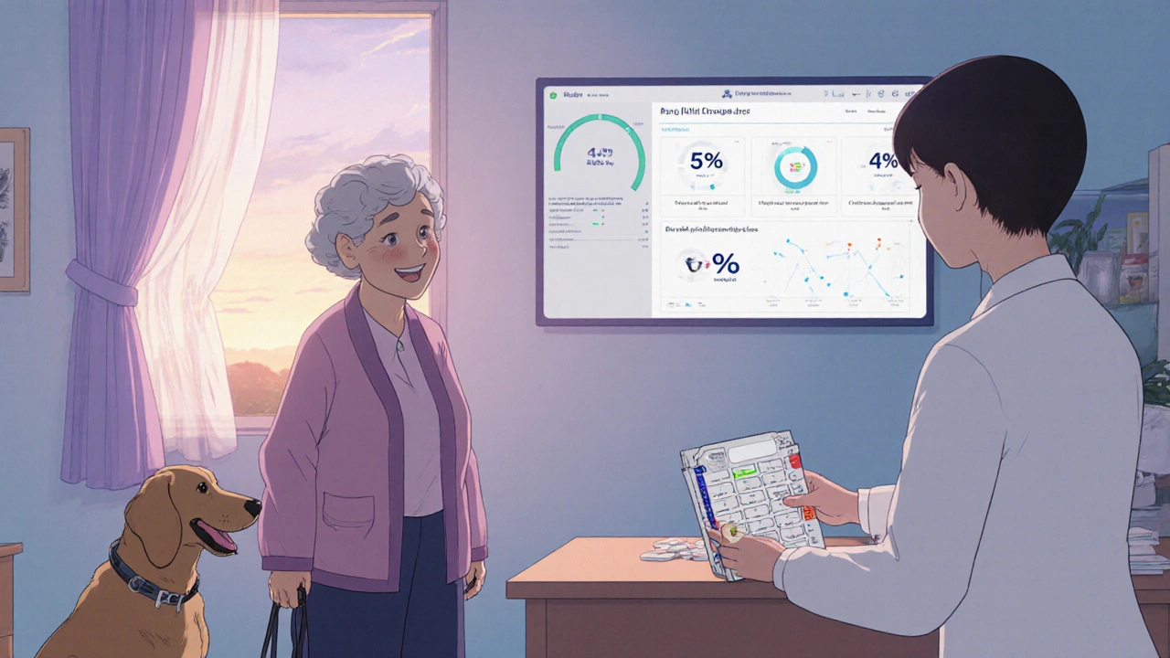 An elderly woman smiles holding her dog’s leash as a pharmacist hands her a simplified pill organizer.