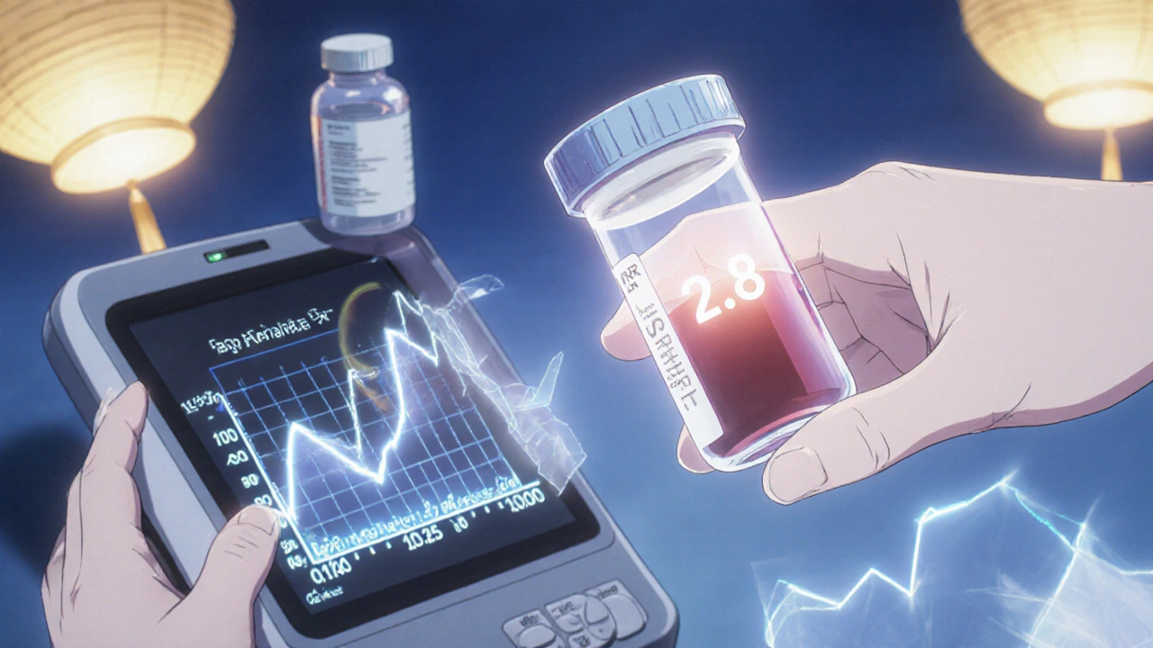 Blood test vial with glowing INR reading beside warfarin bottle and digital health graphs.