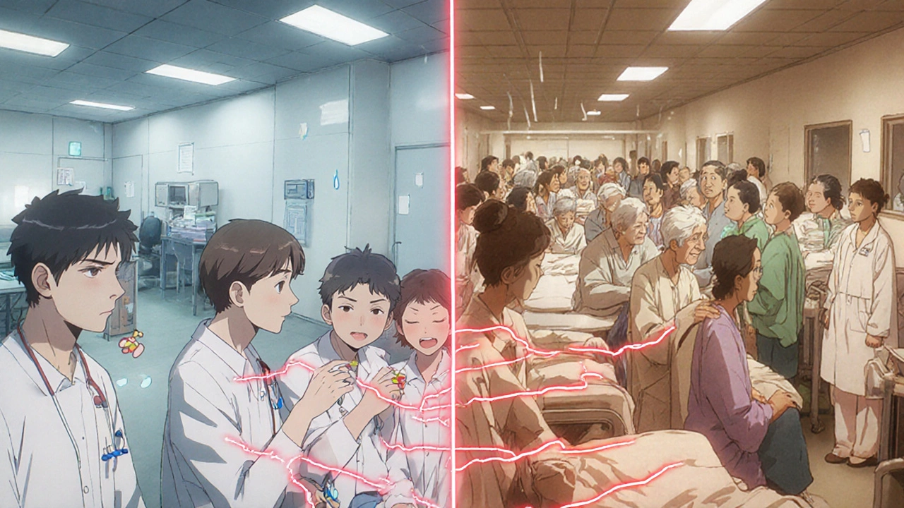 Contrast between clinical trial setting and real-world patients with hidden drug interactions.