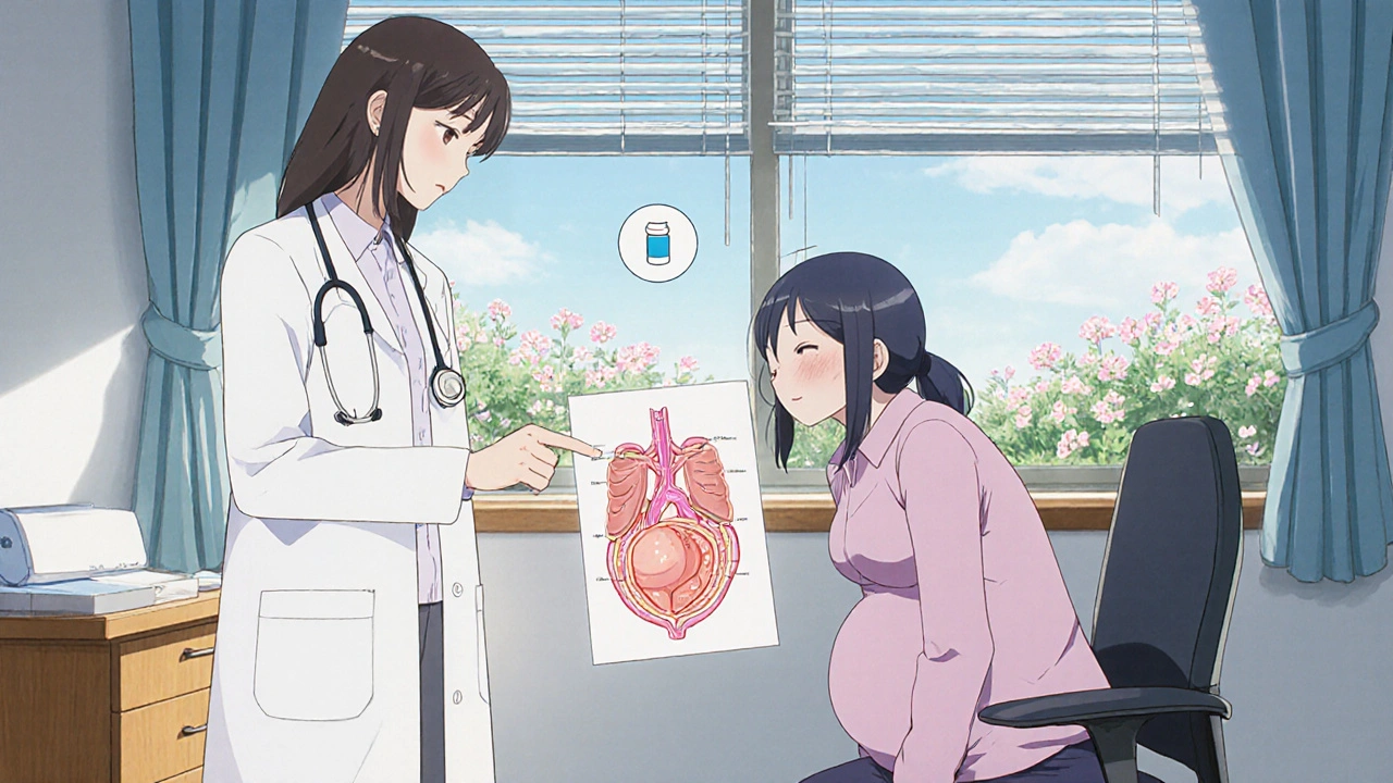 Doctor and pregnant patient reviewing fetal diagram with safe medication icon.
