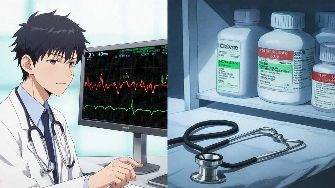 Doctor reviewing ECG with red alert, antihistamine shelf showing hydroxyzine in red and safer options in green.