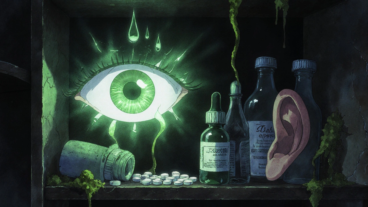 Expired medications in a bathroom cabinet emit a dangerous glow while healthy organs shimmer nearby.