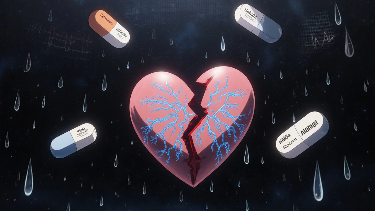 Floating heart with cracked electrical pathways, hydroxyzine sinking in shadow while safer drugs rise in light.