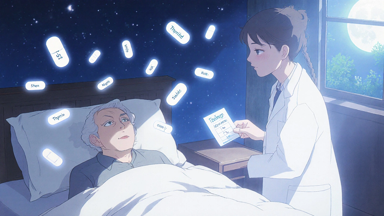 Floating pills glow gently around a senior at night as a pharmacist offers guidance.