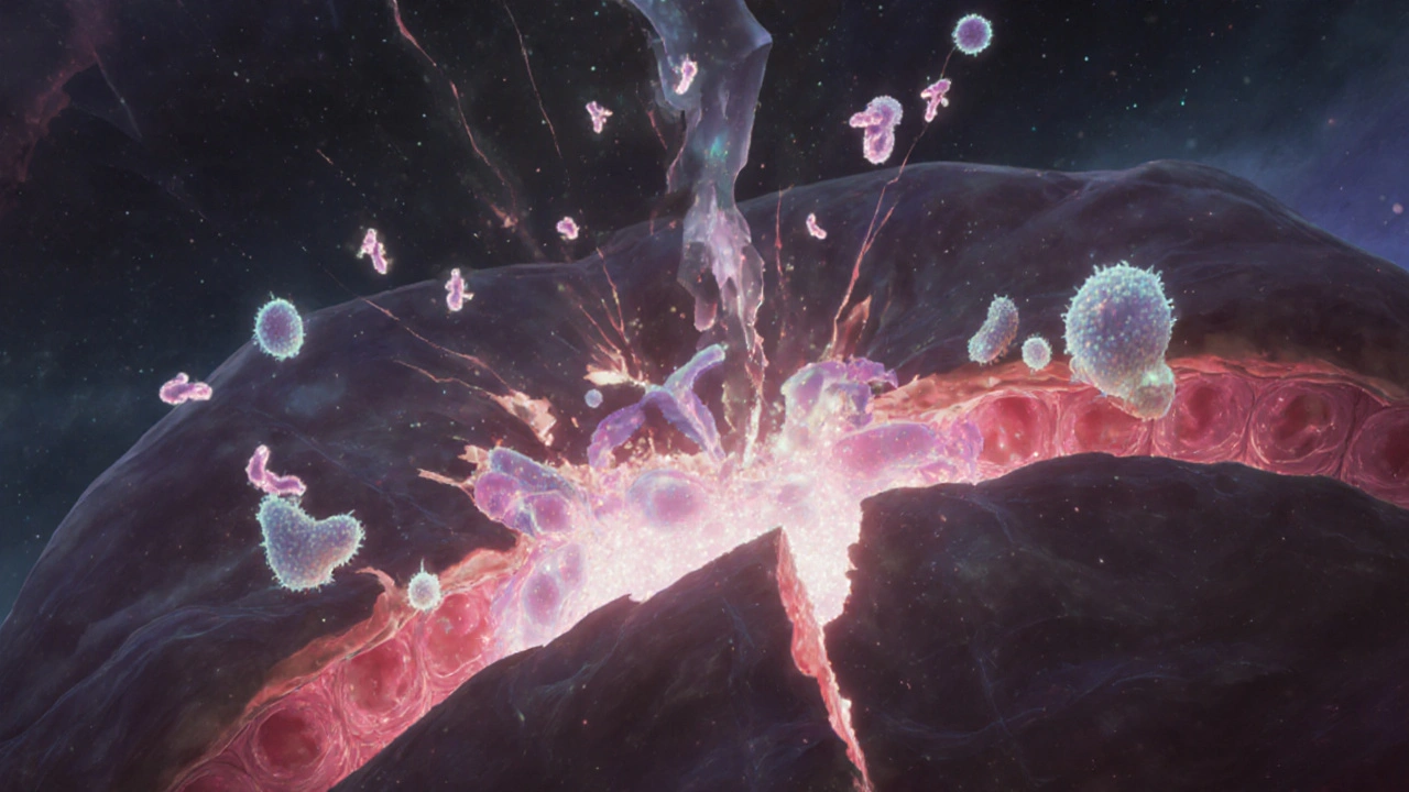 Intestinal wall cracking as harmful bacteria escape into the bloodstream, immune cells reacting.