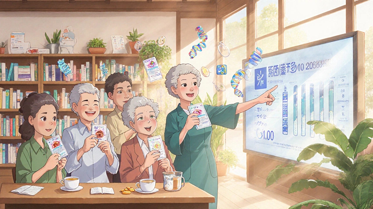 Older adults in pharmacy holding personalized medication cards with floating genetic and organ icons.