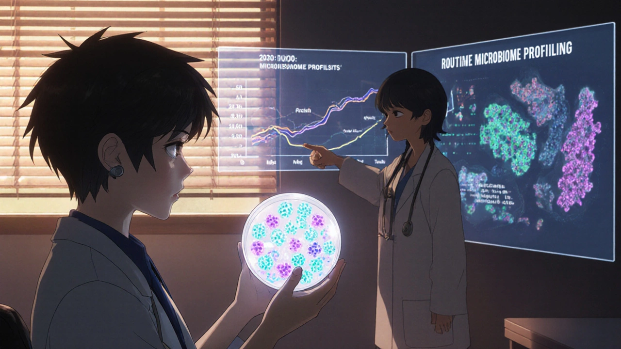 Patient holding a glowing microbiome sample, holographic health data projected behind them.