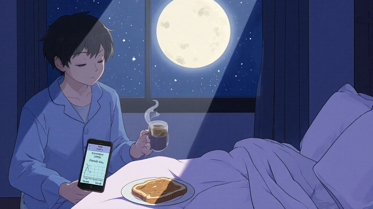 Person checking blood sugar before bed with snack and moonlight