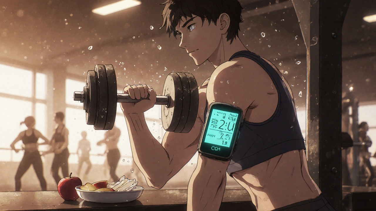 Person lifting weights with stable glucose reading on arm monitor