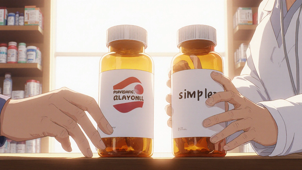 Pharmacist placing two identical pill bottles on a counter, sunlight highlighting their indistinguishable appearance.