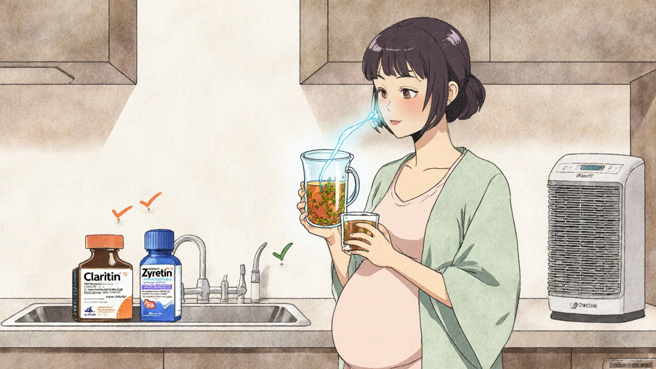 Pregnant woman using neti pot in kitchen with Claritin and Zyrtec bottles nearby.