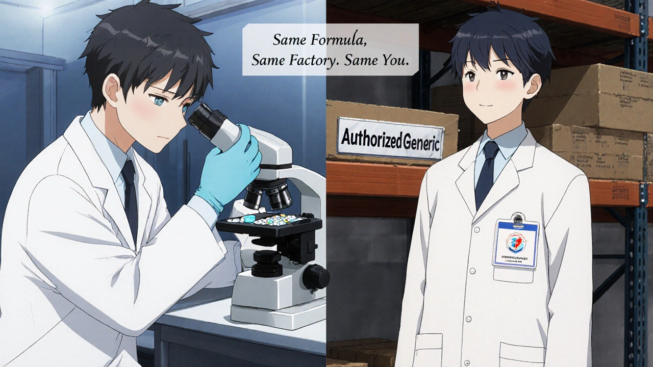 Technician inspecting medication under microscope, mirrored by same person beside authorized generic shelf.
