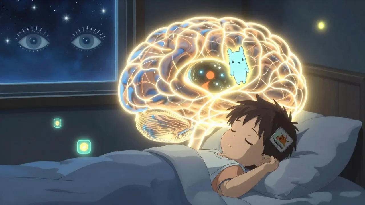 A child sleeps peacefully as glowing neural pathways in their brain brighten, with digital vision games floating like fireflies around them.