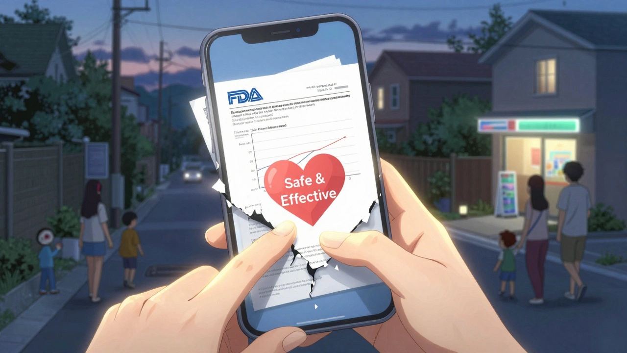 A deceptive drug ad is being dismantled by glowing hands, revealing FDA approval documents and a heart symbol of safety.