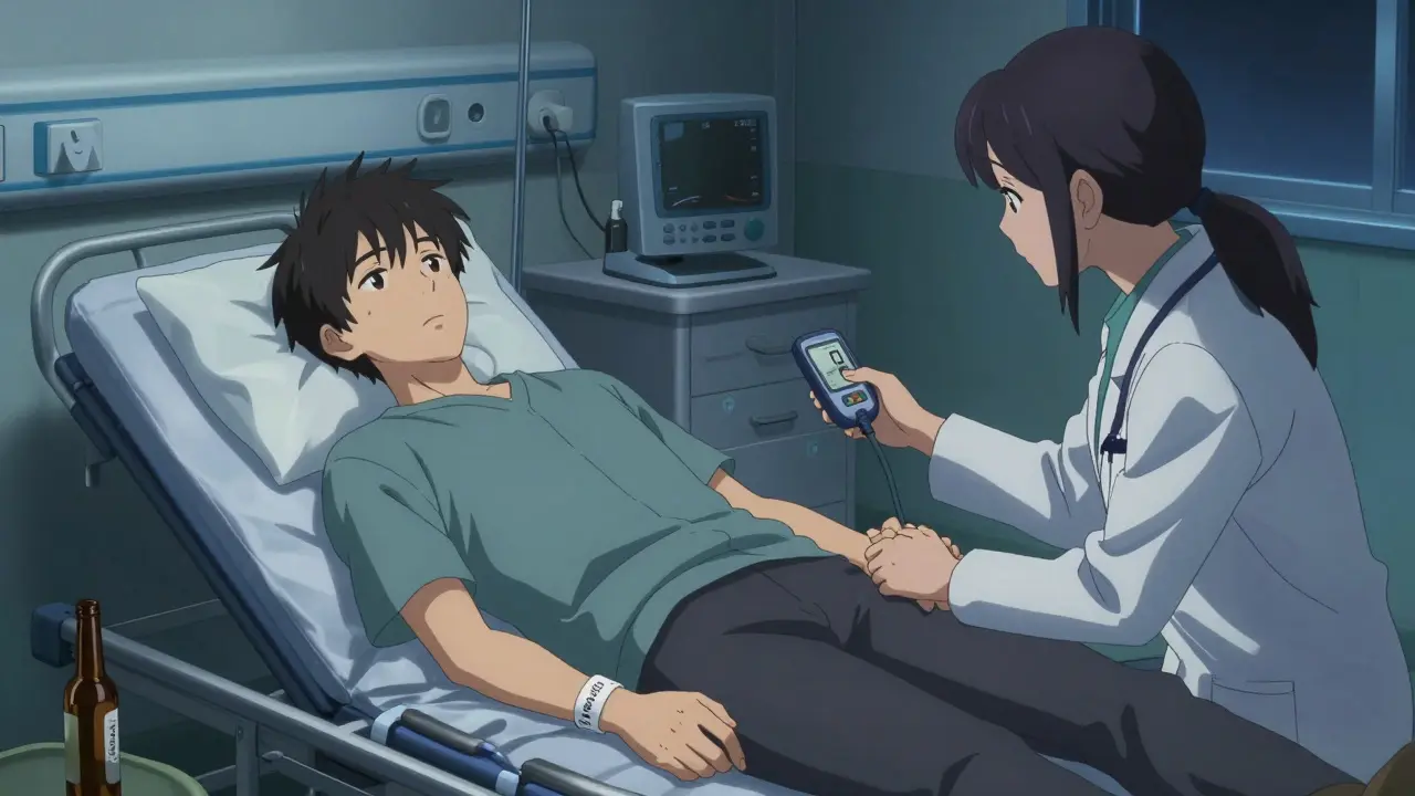 A diabetic man unconscious in a hospital ER, with a beer bottle nearby and a doctor holding a low blood sugar monitor.