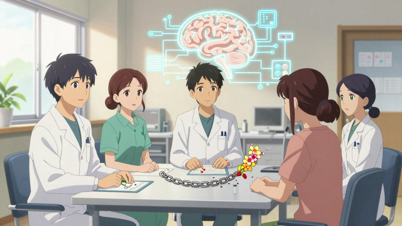 A diverse medical team and patient meeting in a bright clinic, with symbolic flowers replacing opioid pills.