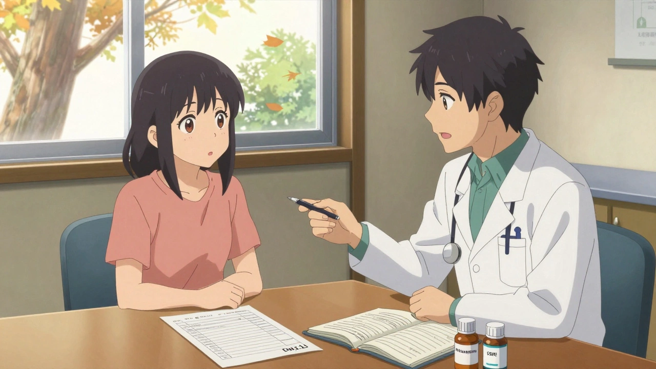 A doctor and patient discussing treatment options with blood test results and medication bottles on a table.