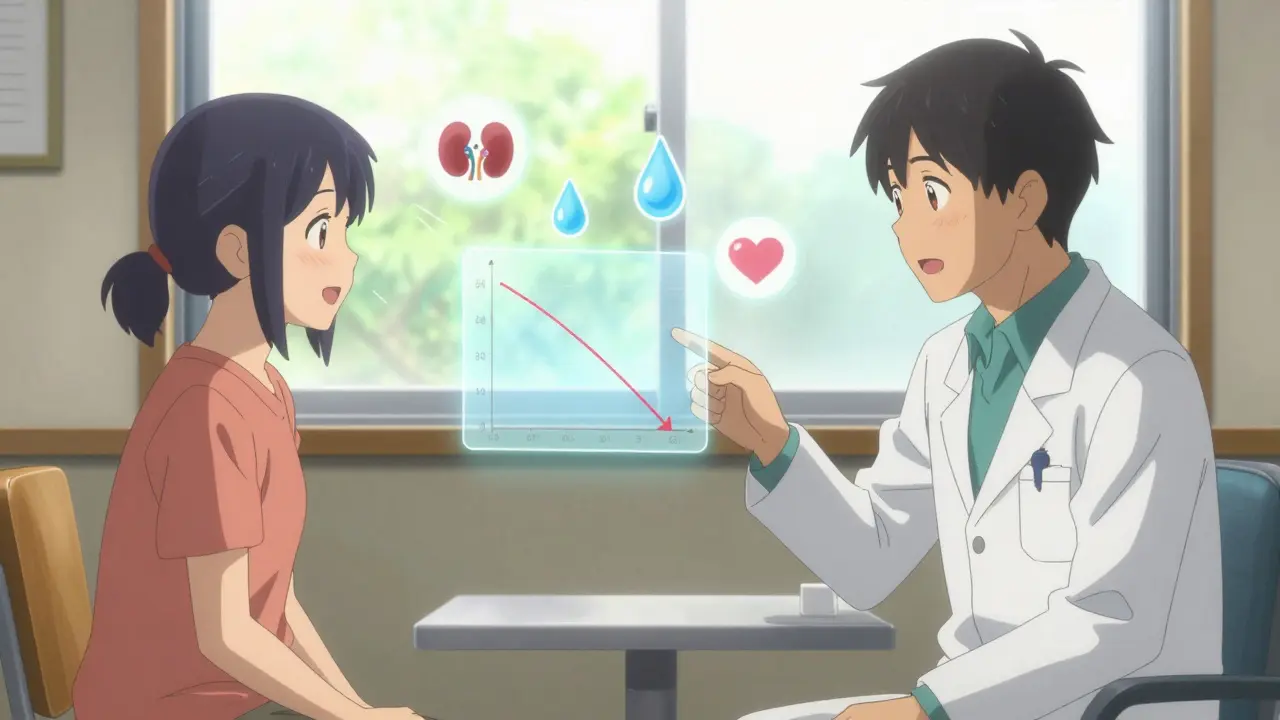 A doctor and patient reviewing a kidney function graph with floating health symbols in soft sunlight.