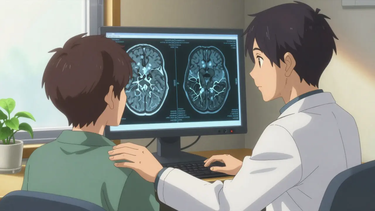A doctor and patient viewing an fMRI scan showing brain changes, with soft lighting and a plant symbolizing recovery.