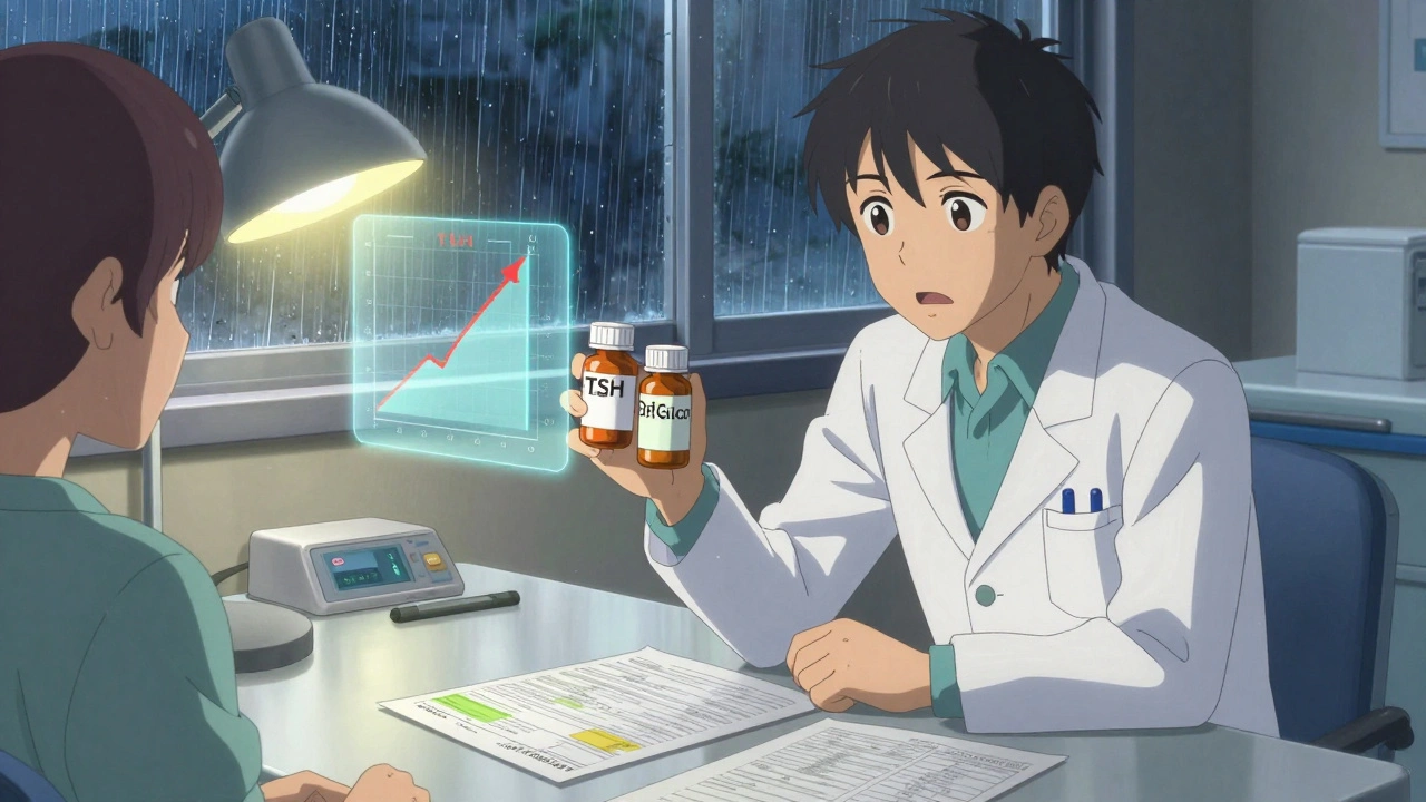 A doctor comparing brand and generic pill bottles while floating graphs show dangerous hormone level spikes.