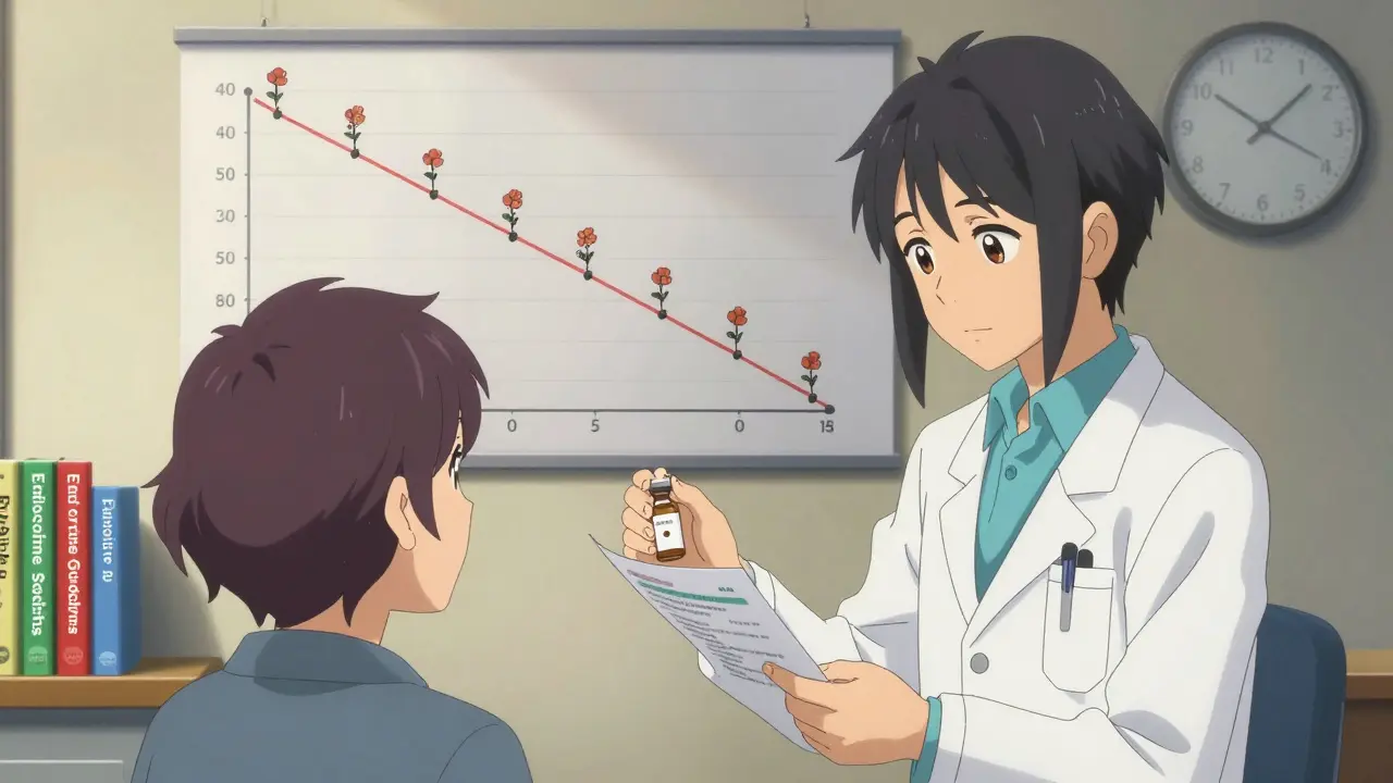 A doctor giving a patient hydrocortisone and tapering instructions in a warm, quiet room with a visual chart of steroid reduction.