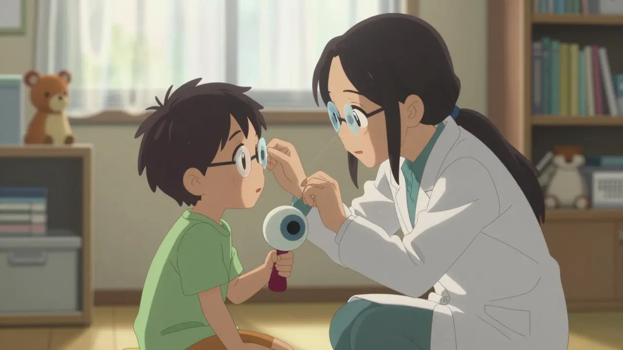 A doctor helps a child put a filter on glasses while a sibling holds a puppet, in a warm, comforting clinic setting.