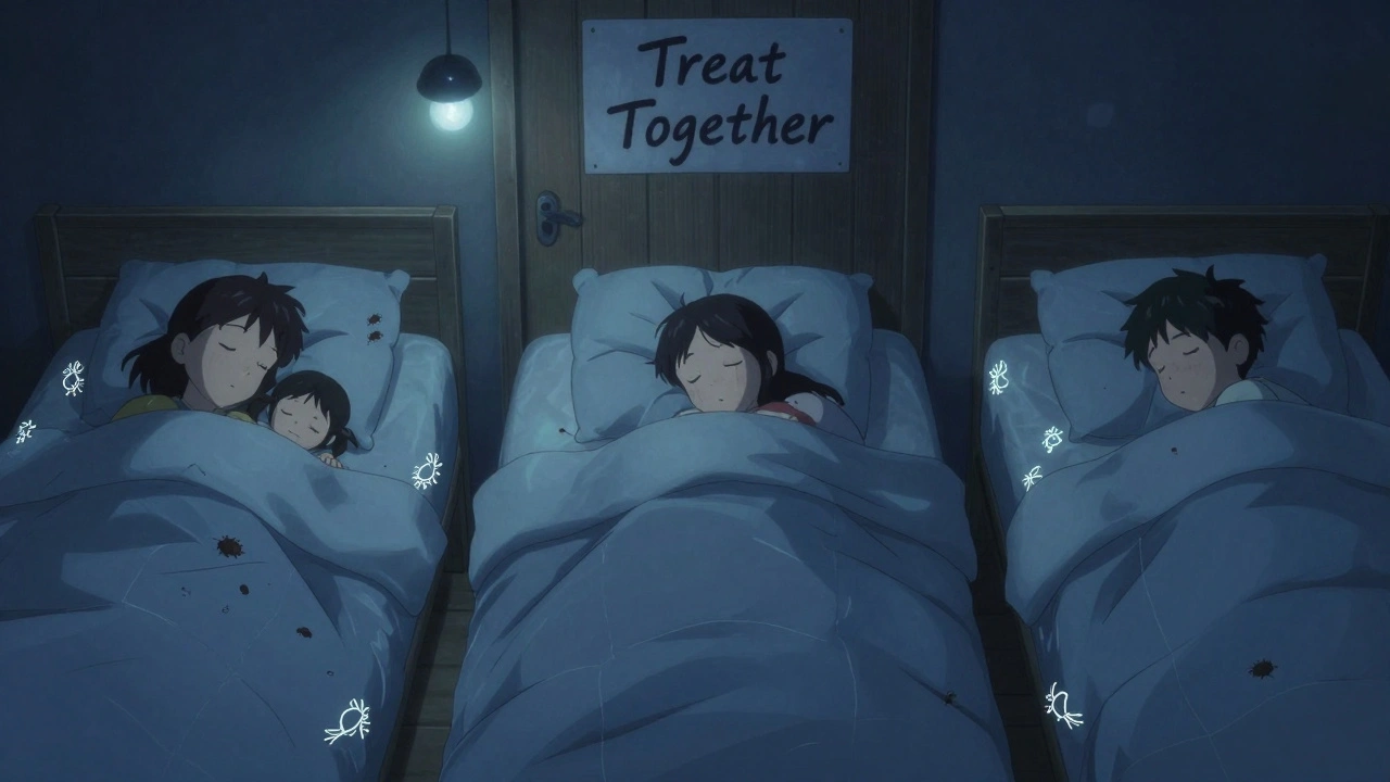 A family sleeping as invisible mites and lice crawl between beds in the night.