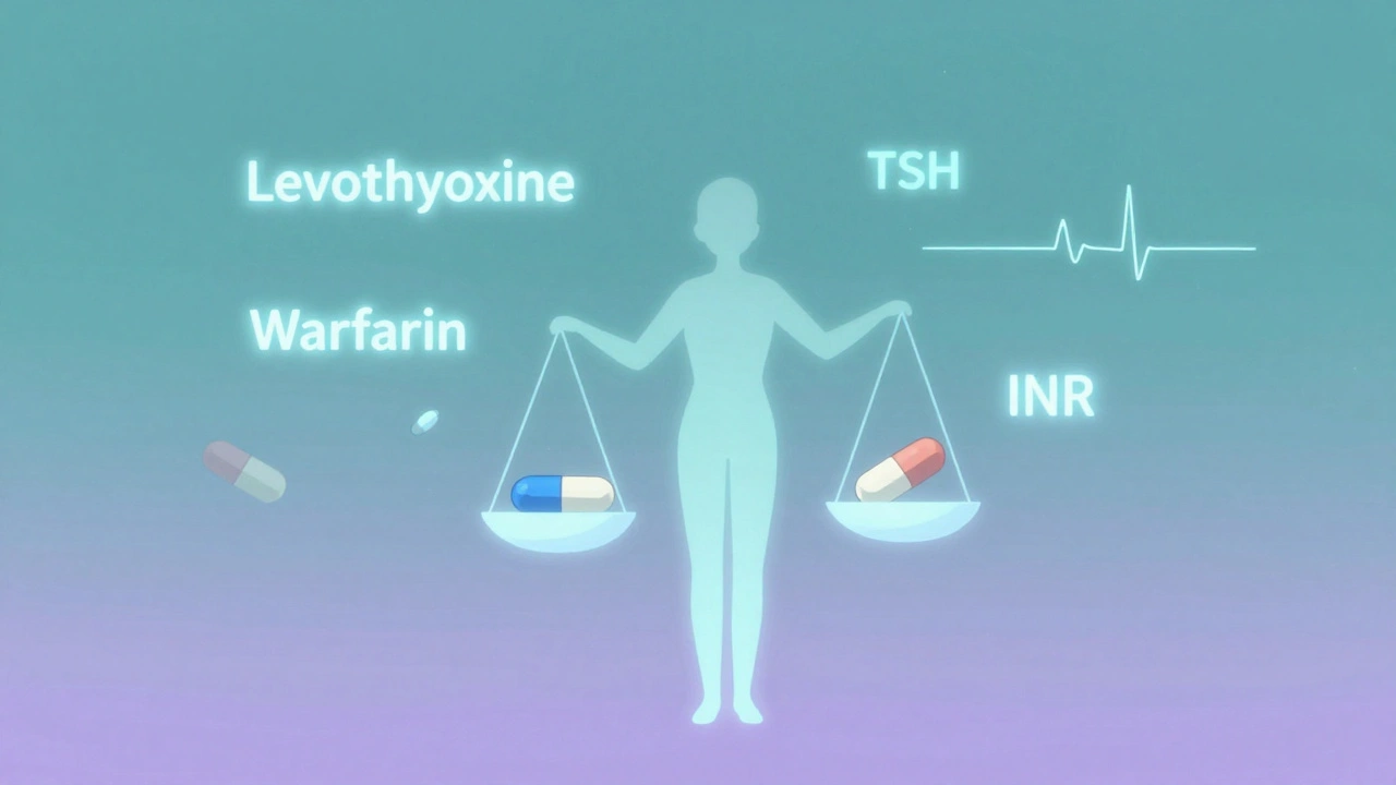 A floating medical chart with glowing drug names and a silhouette holding a balance scale, surrounded by subtle health metrics.