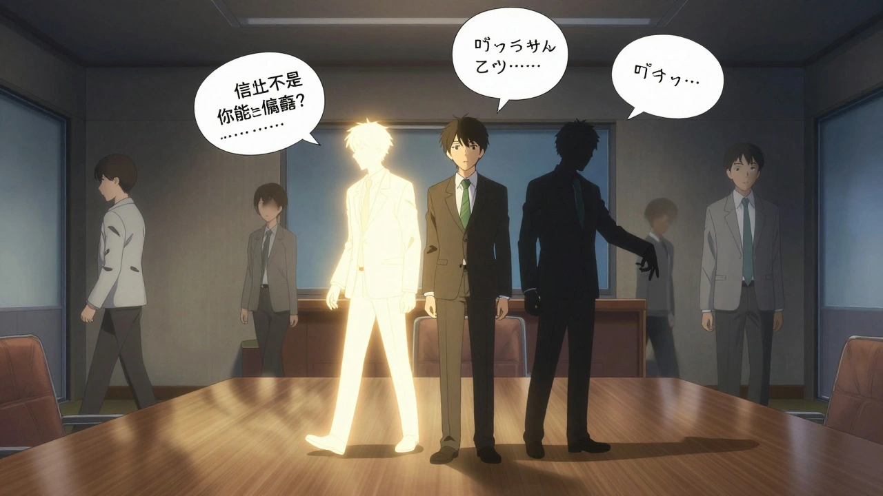 A manager&#039;s shadow splits between taking credit and blaming external factors, team members walking away.