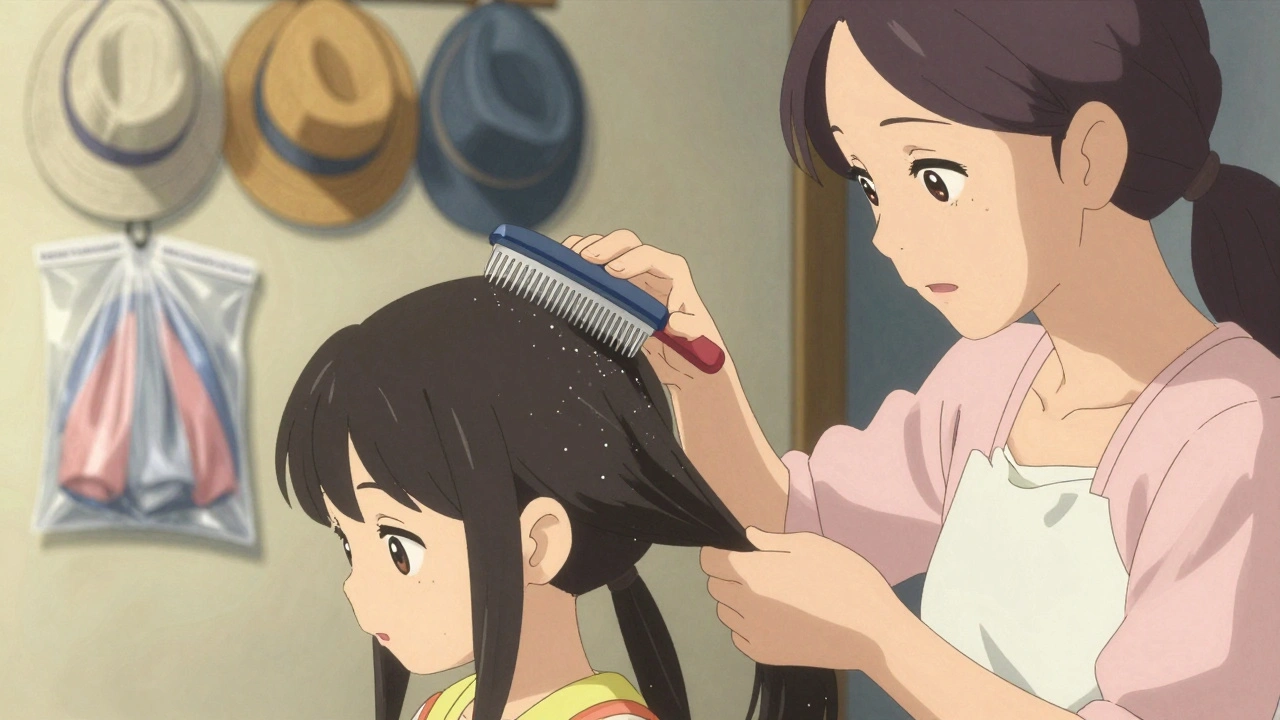 A mother carefully combing lice nits from her daughter&#039;s hair under warm lamplight.