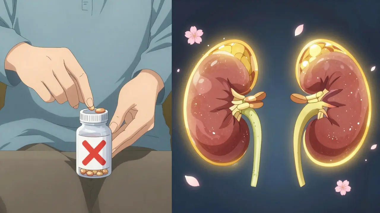 A patient's medication bottle with metformin removed and SGLT2 inhibitor remaining, protecting kidneys with golden light.