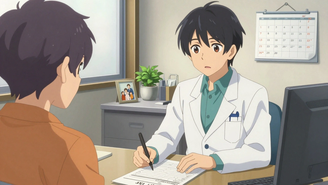 A patient completing a depression screening form in a doctor&#039;s office, with the doctor watching kindly.