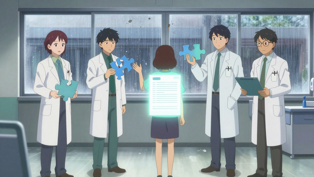 A patient connecting fragmented healthcare providers with a glowing medication list.