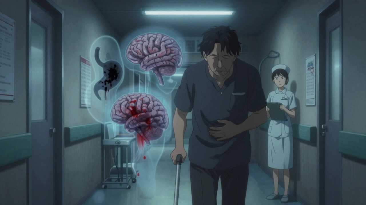 A patient walking in a hospital hallway with ghostly images of internal bleeding behind them.