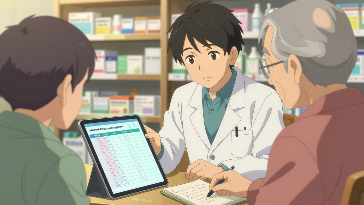 A pharmacist and patient reviewing medication details together in a pharmacy.