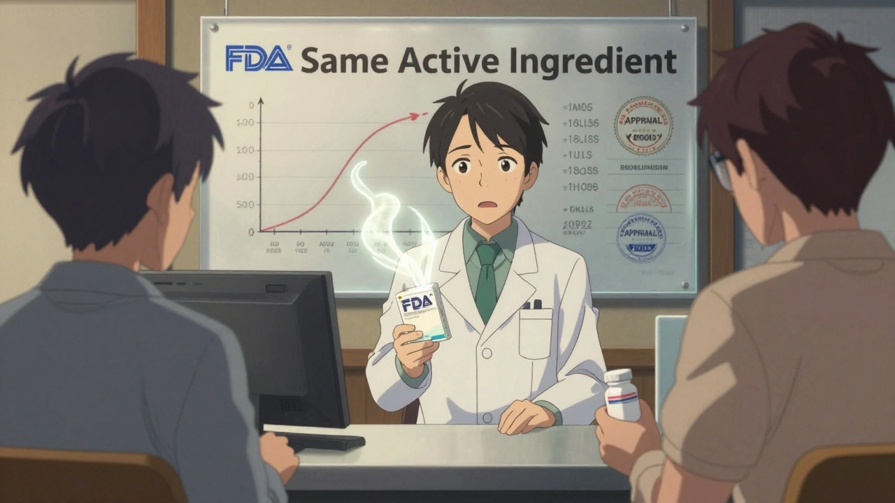 A pharmacist stands between two patients, one hesitant and one reassured, as FDA bioequivalence data floats gently in the air behind them.