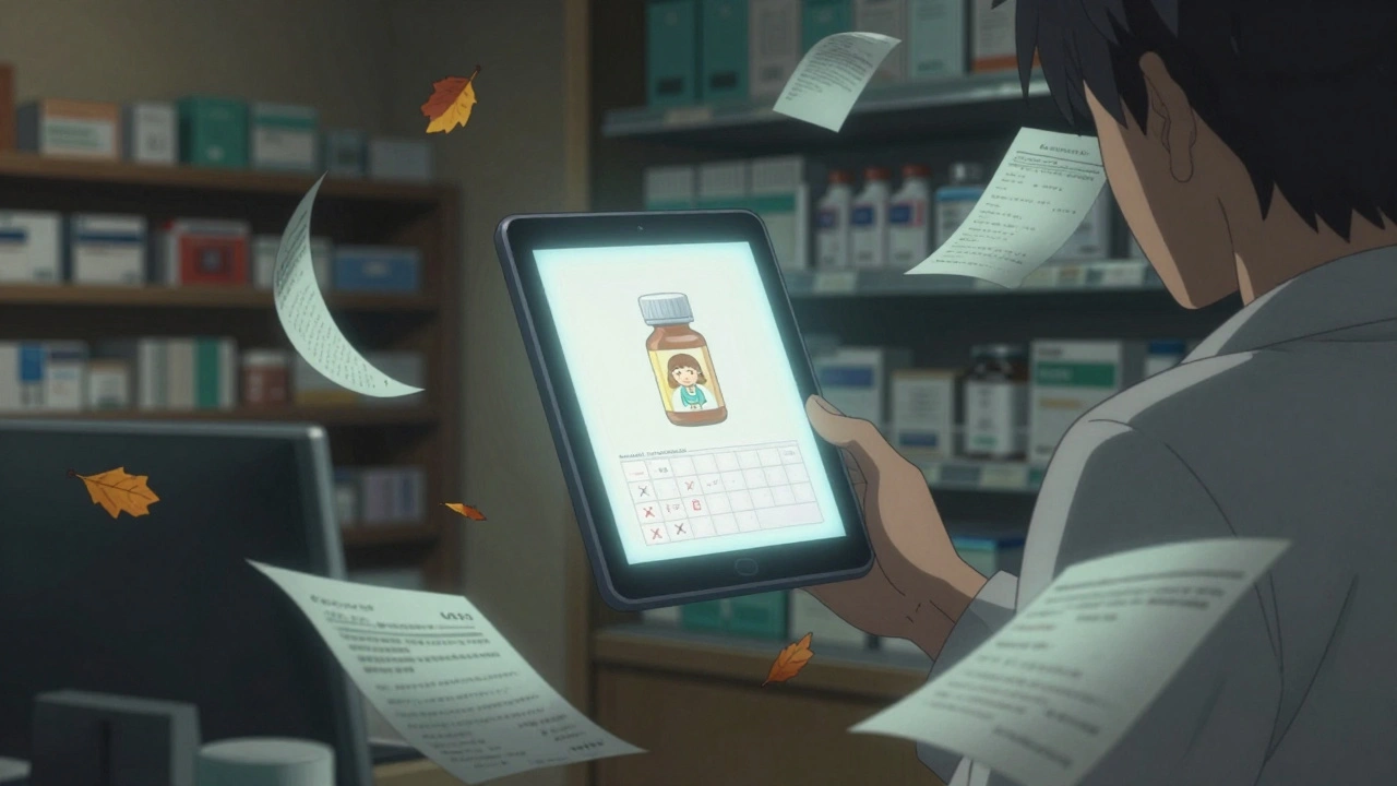 A pharmacist surrounded by fading paper prescriptions, with one glowing e-prescription illuminating a child’s medicine bottle.