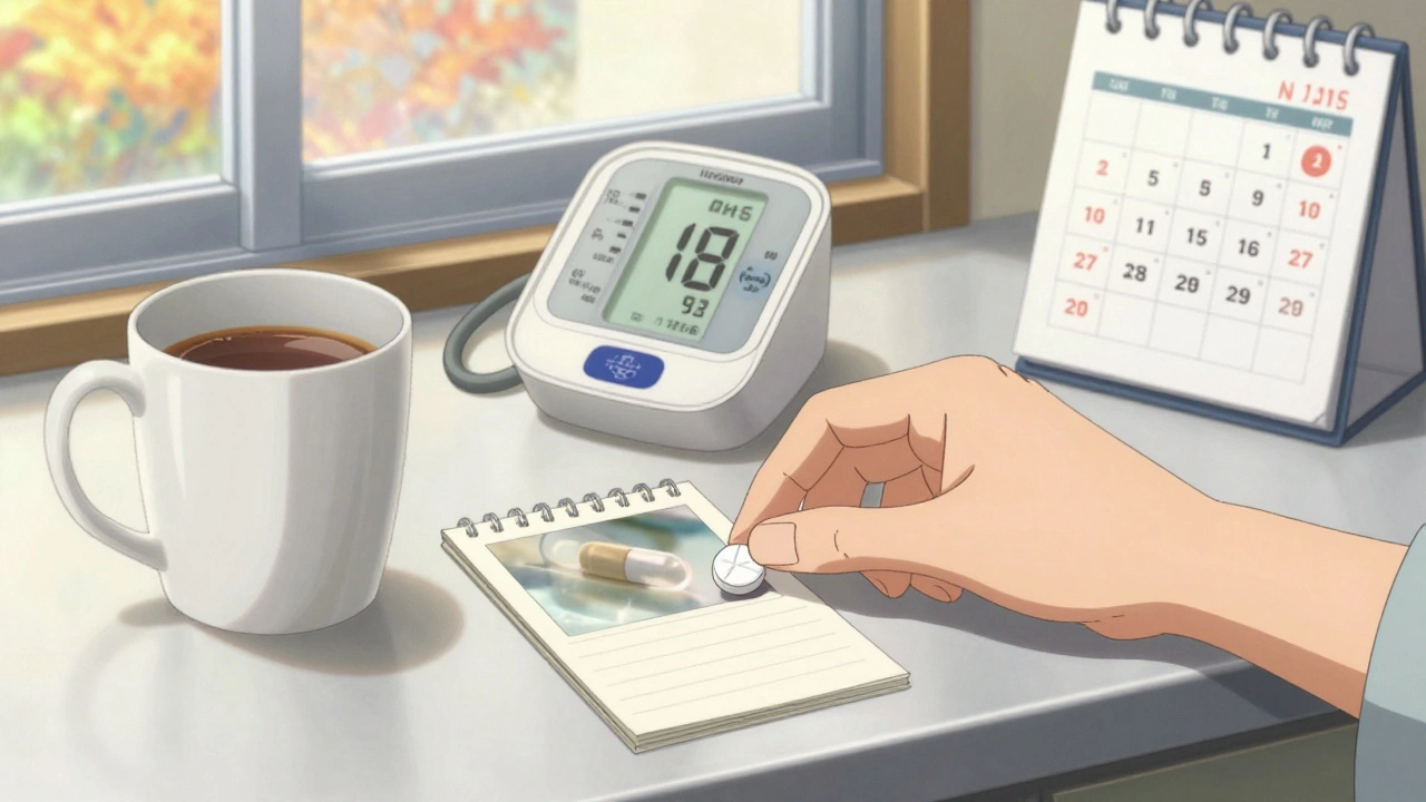 A pill on a counter next to a coffee mug and a notepad, with a photo of the original brand and a calendar marked for follow-up.