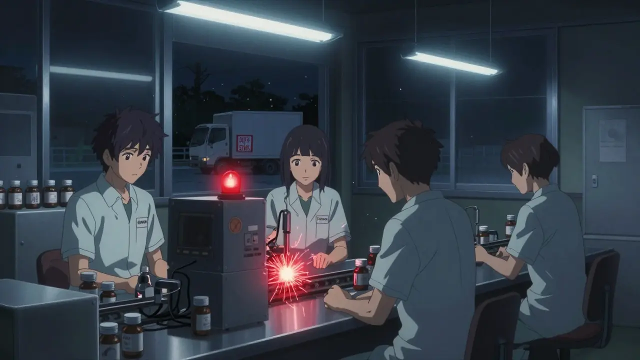 A shared drug production line shuts down at night, casting red emergency light over empty bottles.