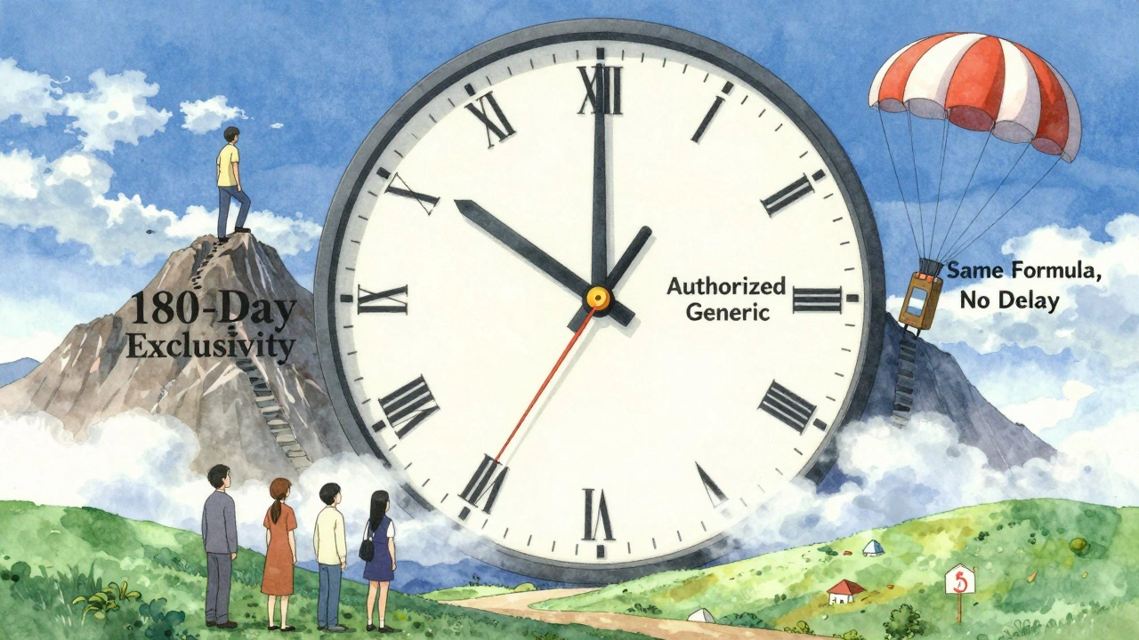 A symbolic clock with one side showing a climber and the other a descending figure, patients below watching prices drift away.