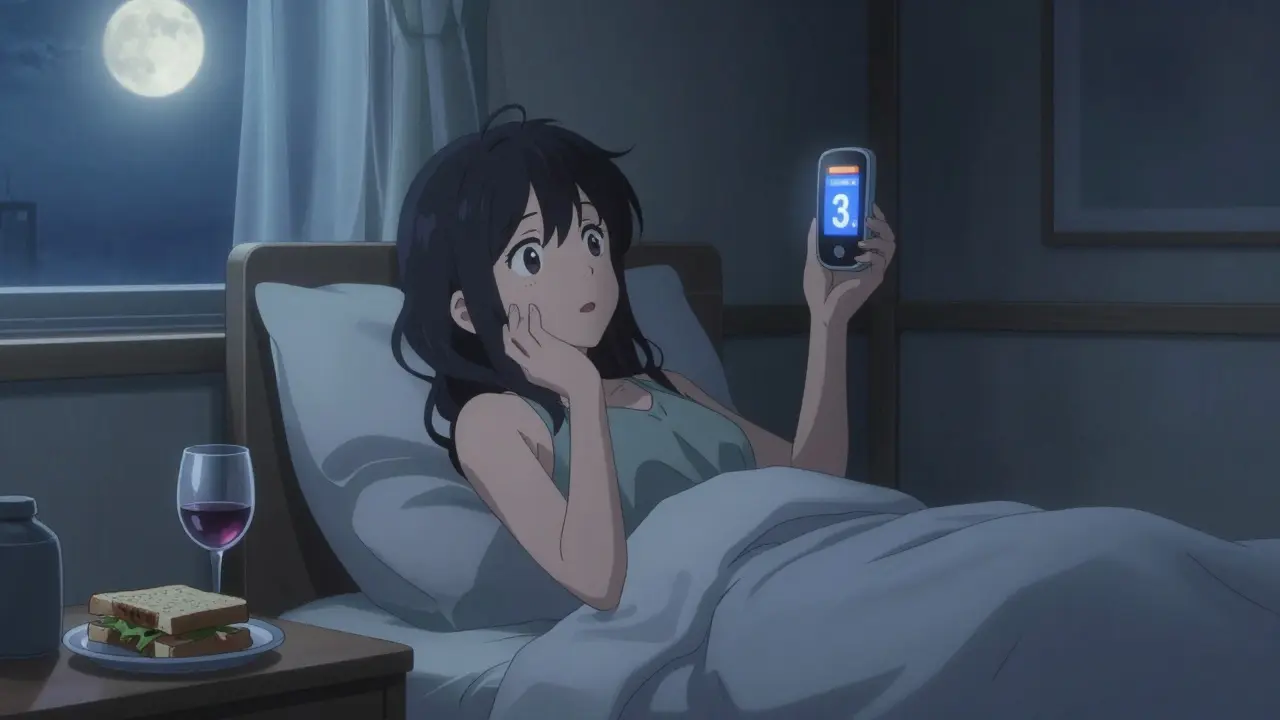 A woman awake at 2 a.m. in bed, alarmed by her glucose monitor's warning, with a wine glass on the nightstand.