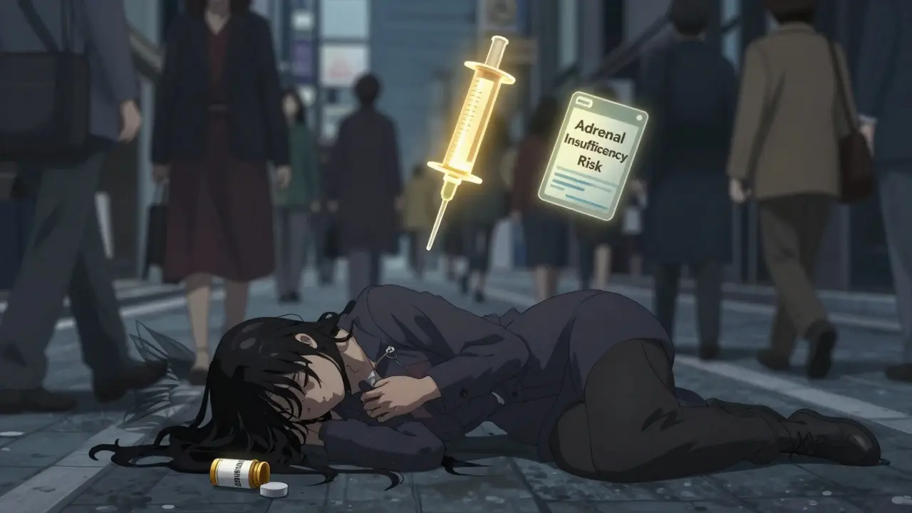 A woman collapsing on a city street as ghostly adrenal glands appear behind her, with an emergency injection glowing nearby.